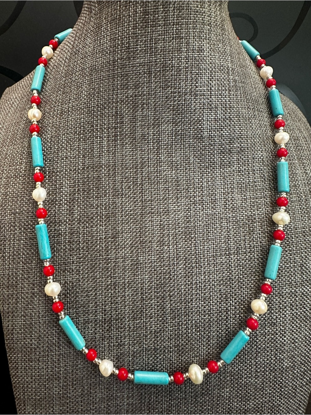 Turquoise, Red & Pearl Beaded Necklace - Handmade Jewelry